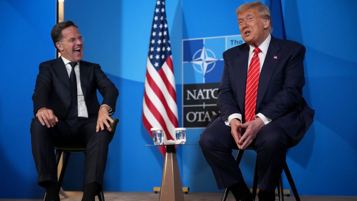 THE HAGUE, NETHERLANDS - JUNE 25: U.S. President Donald Trump (R) and NATO Secretary General Mark Rutte speak to media at the start of the second day of the 2025 NATO Summit on June 25, 2025 in The Hague, Netherlands. Among other matters, members are to approve a new defense investment plan that raises the target for defense spending to 5% of GDP. (Photo by Andrew Harnik/Getty Images)