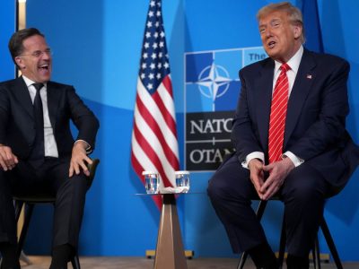THE HAGUE, NETHERLANDS - JUNE 25: U.S. President Donald Trump (R) and NATO Secretary General Mark Rutte speak to media at the start of the second day of the 2025 NATO Summit on June 25, 2025 in The Hague, Netherlands. Among other matters, members are to approve a new defense investment plan that raises the target for defense spending to 5% of GDP. (Photo by Andrew Harnik/Getty Images)